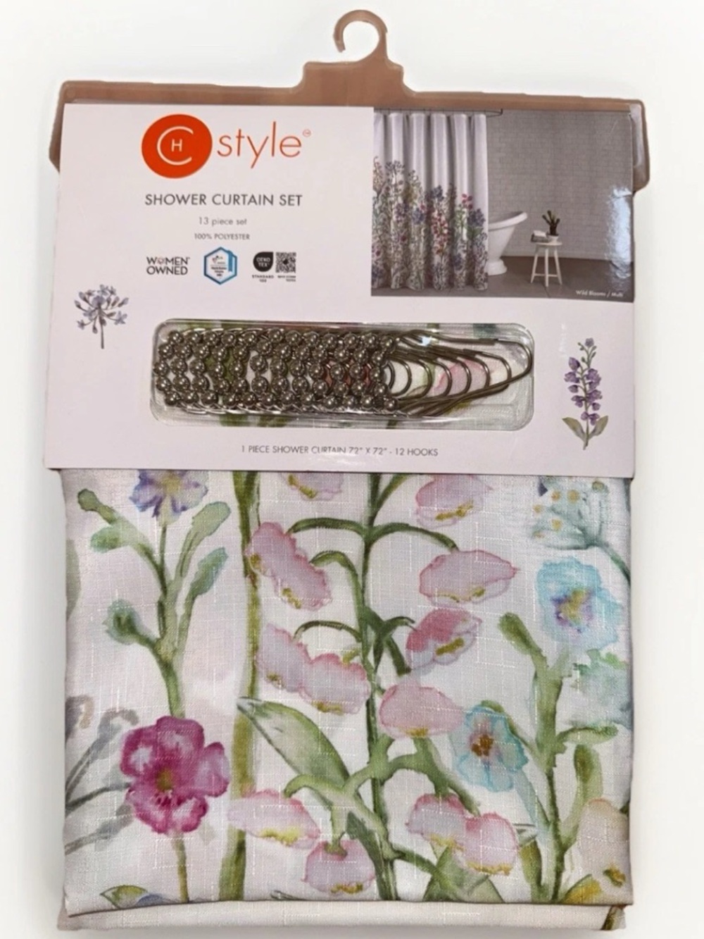 CH Style Shower Curtain 13 Piece Set 72” x 72” Floral Fabric Curtain & 12Hooks